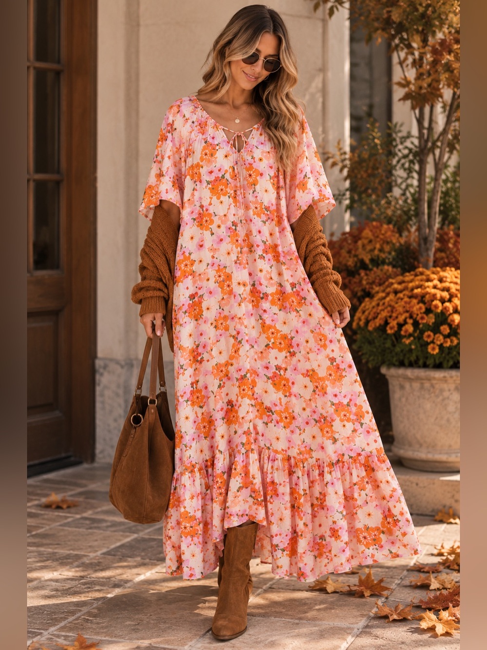 Ivy City Co floral maxi dress M, boho tiered fall floral.